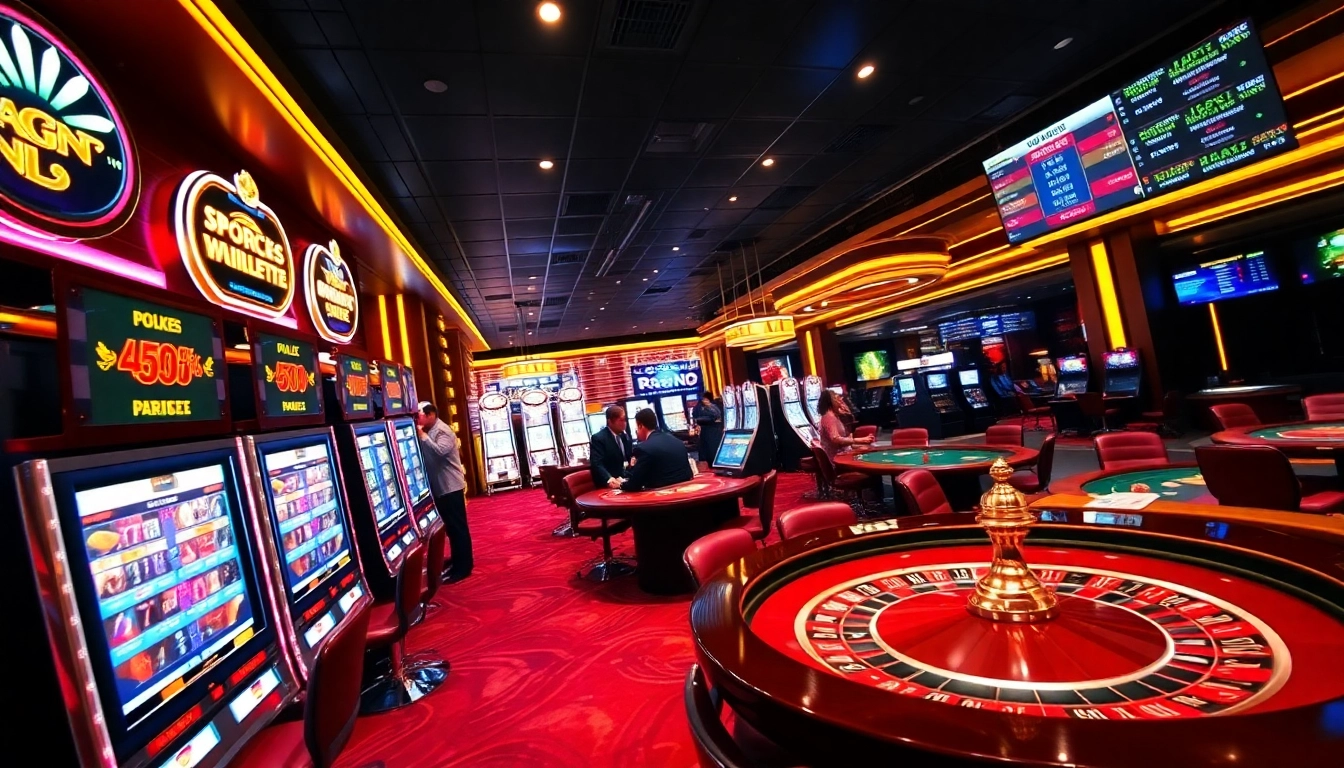 A thrilling casino experience showcasing players enjoying idnslot games with vibrant slot machines and roulette tables.