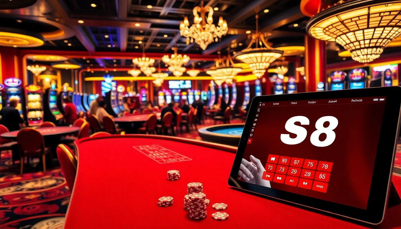 S8 casino scene showcasing players at blackjack and roulette tables in a luxurious gambling environment.