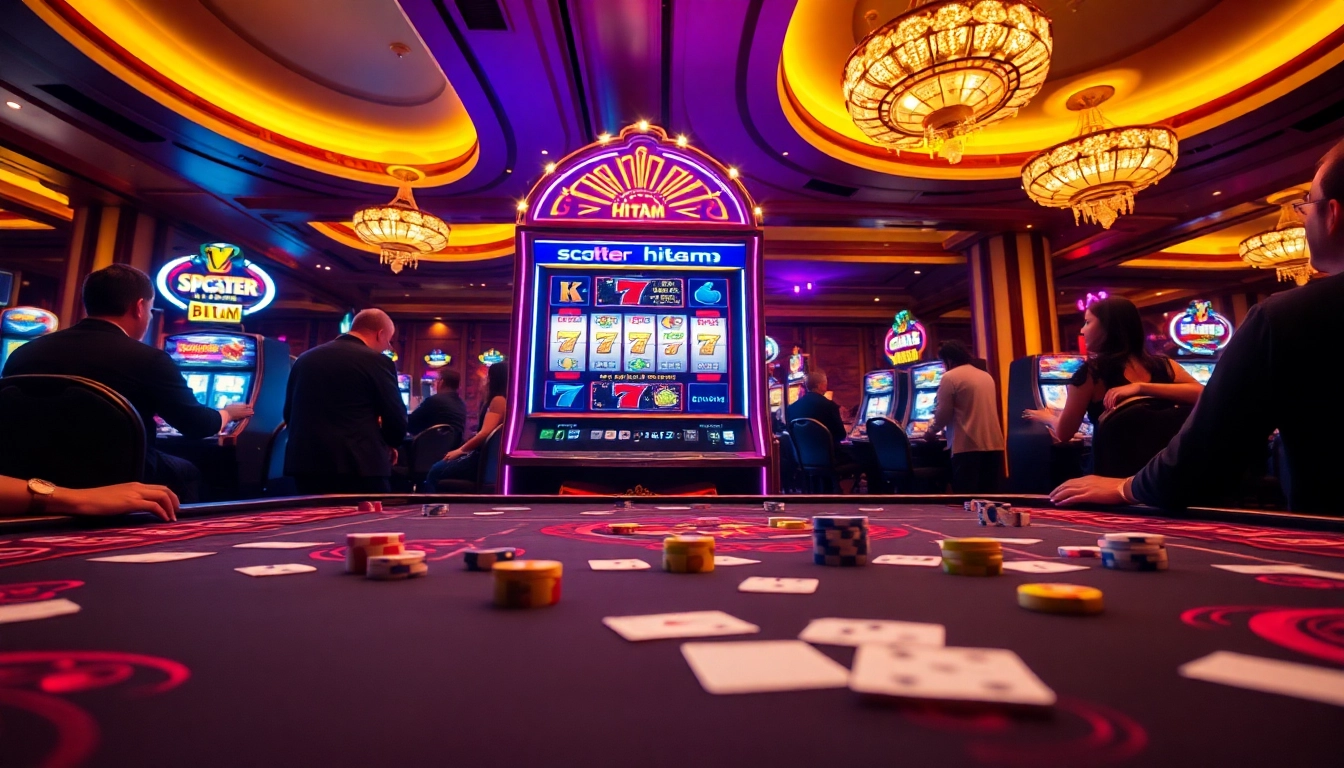 Experience excitement at the slot machine featuring scatter hitam, surrounded by vibrant casino elements.