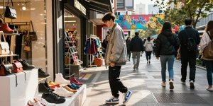 Shopping experience at a 레플리카 쇼핑몰 showcasing trendy street fashion and high-quality replica items.