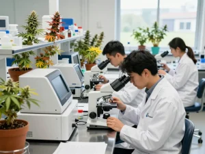 EU cannabinoid manufacturer team conducting quality tests in a vibrant lab filled with cannabis plants and advanced equipment.