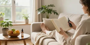 Enjoying cannabis vape with natural CBD oils in a serene living space, emphasizing wellness and organic lifestyle.