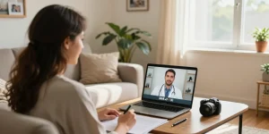 Patient consulting for an MMJ card online in a cozy home setting.