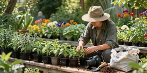 Engaging gardener nurturing Salvia Divinorum seeds in a verdant garden setting.