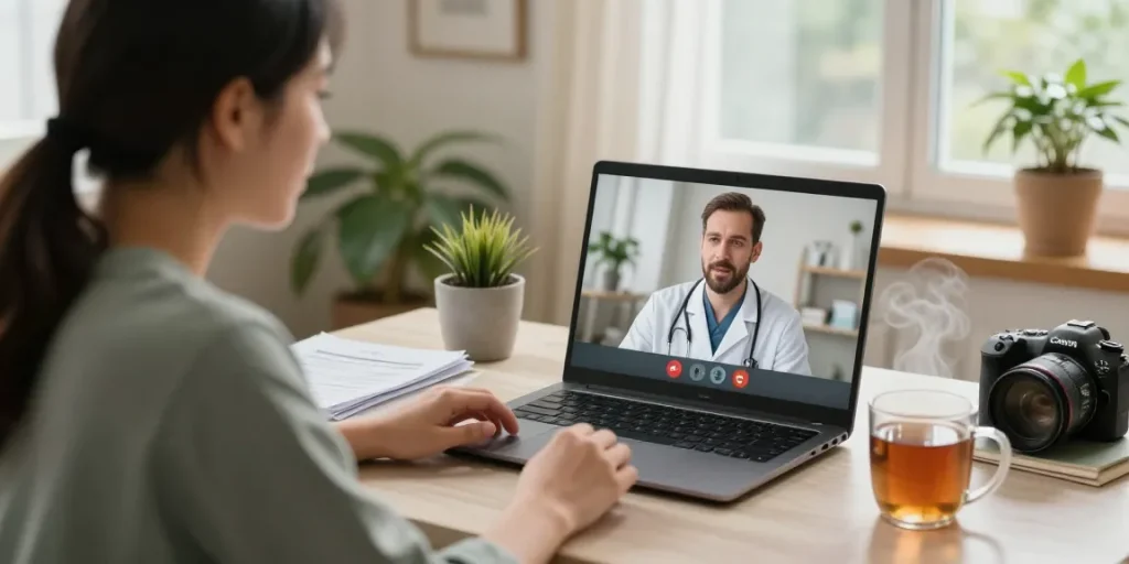 Engaged patient consulting for an MMJ card Ohio with a licensed doctor online in a cozy home environment.