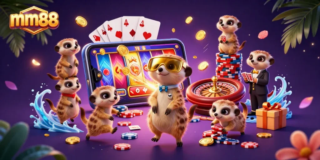 Experience mm88 excitement with meerkats running a vibrant casino operation, surrounded by slot games and chips.